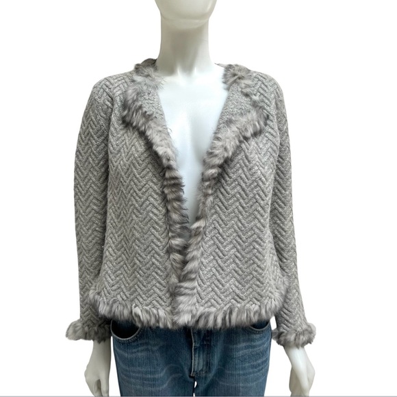 Penny Lane Fur Trim Wool Angora Cable Knit Women Cardigan Sweater Cottage Core - Picture 5 of 16
